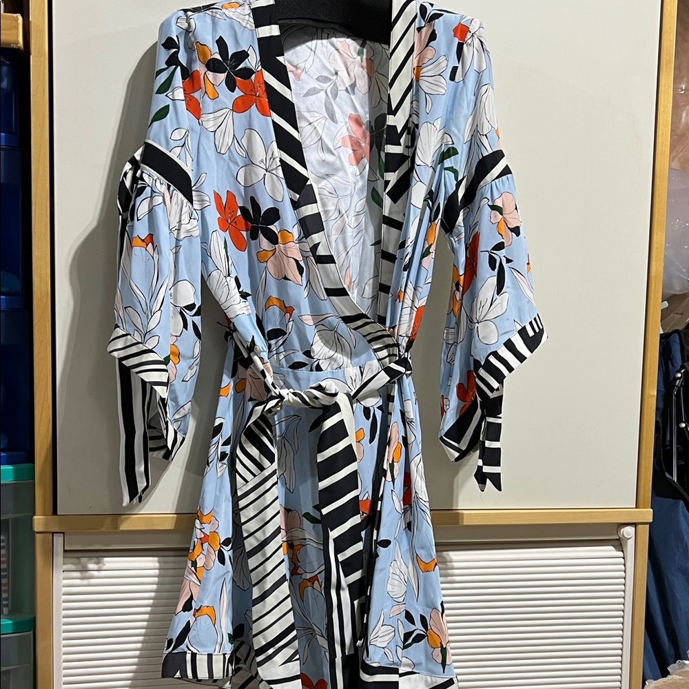 Pinko Blue Floral Kimono with Black Stripes
